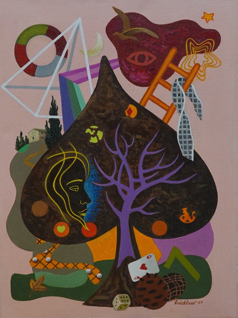 Ken Laidlaw (b.1945), Surreal compositions, Trees, figures and chains, each signed and dated ‘07, two oils on canvas, unframed, 41 x 30cm